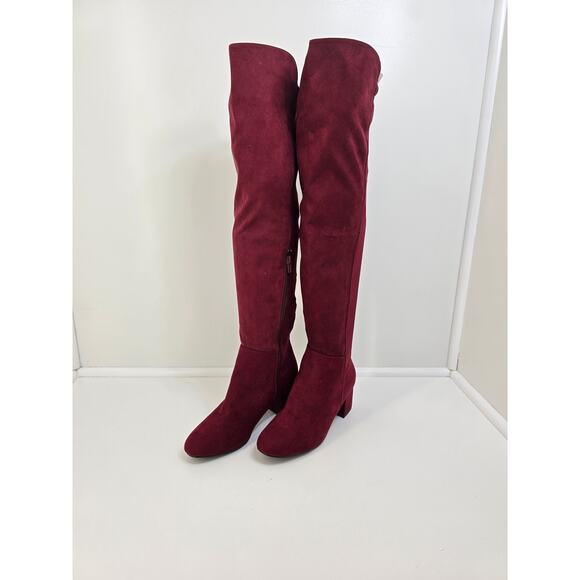 Rouge Over The Knee Low Heel Boots Cameron-07 Wine F/S Faux Suede Size 8 Womens - Picture 1 of 8